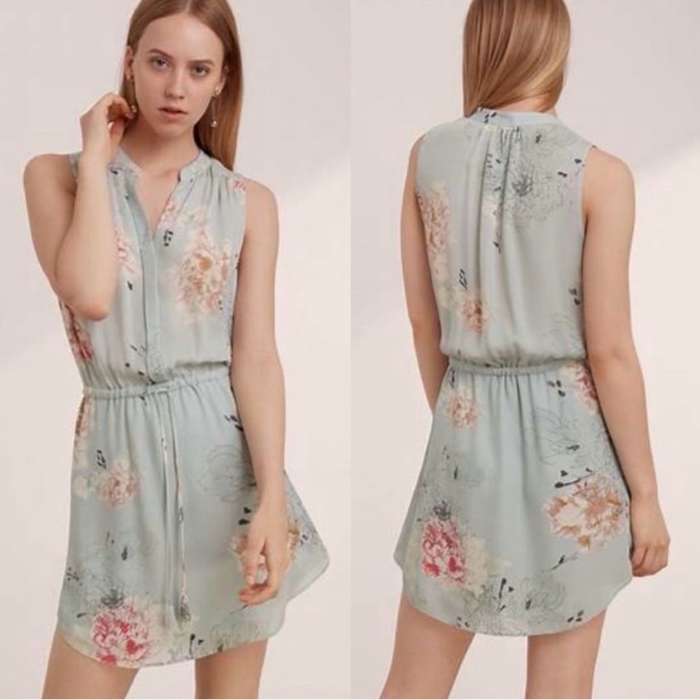 Sleeveless Light Blue Floral Tie-Waist Dress